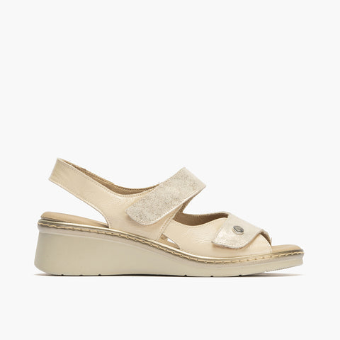 Sandalia mujer con doble velcro en piel combinada CREMA