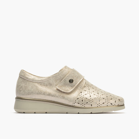 Blucher con picados mujer con velcro en piel fantasía ORO