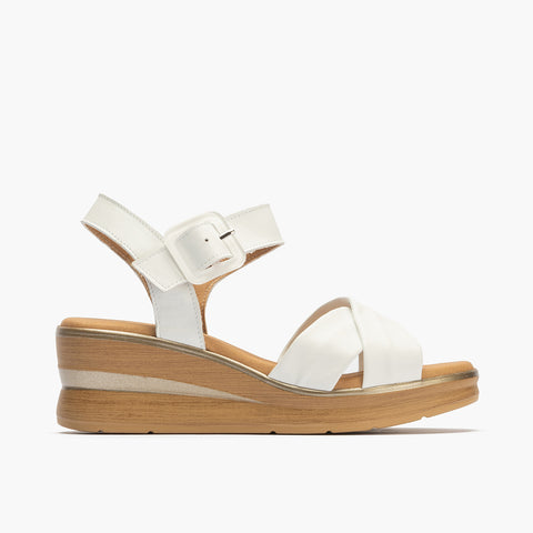 Sandalia plataforma mujer tiras cruzadas con hebilla en piel napa BLANCO