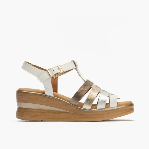 Sandalia plataforma mujer tiras combinadas con hebilla en piel combinada BLANCO