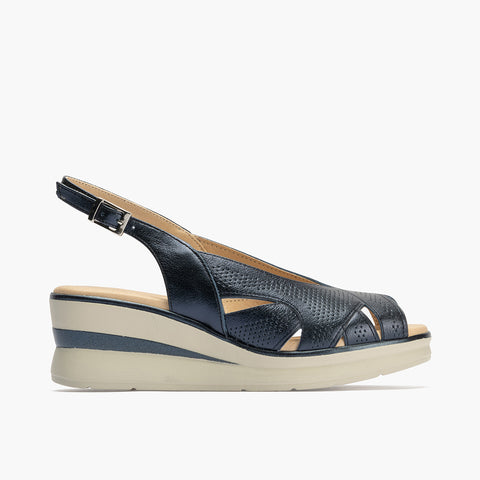 Sandalia plataforma con micropuntos mujer con hebilla en piel laminado AZUL