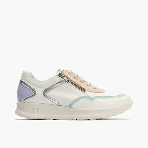 Deportivo multicolor mujer con cremallera y cordones en piel combinada BLANCO