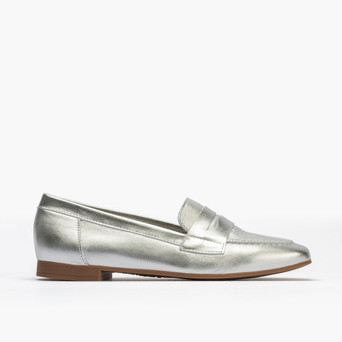 Mocasin mujer en piel laminado PLATA
