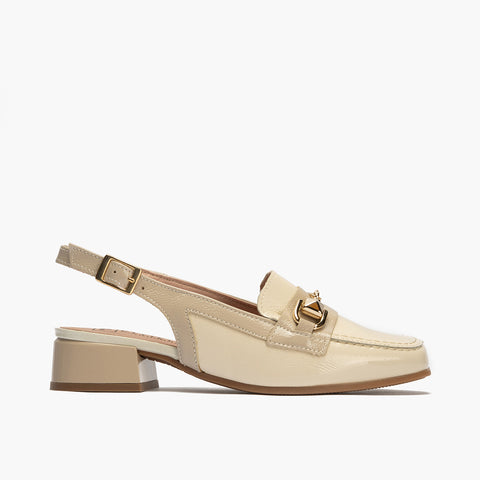 Mocasin punta cuadrada talon abierto mujer con hebilla en piel charol CREMA