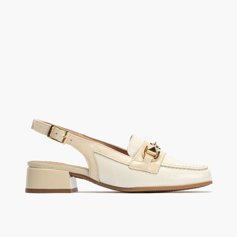 Mocasin punta cuadrada talon abierto mujer con hebilla en piel charol CREMA