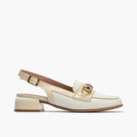 Mocasin punta cuadrada talon abierto mujer con hebilla en piel charol ROSA