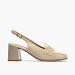Mocasin talon abierto con tacón mujer con hebilla en piel charol CREMA