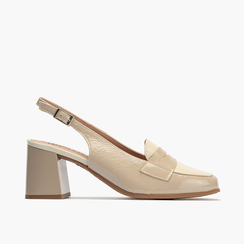 Mocasin talon abierto con tacón mujer con hebilla en piel charol CREMA