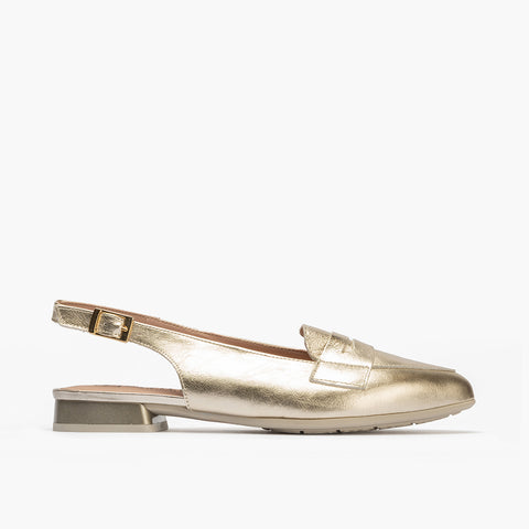 Mocasin talon abierto mujer con hebilla en piel laminado ORO