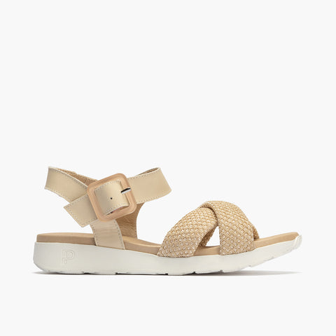 Sandalia pala cruzada mujer con hebilla en rejilla y piel napa CREMA