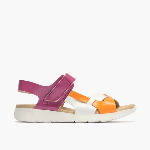 Sandalia tricolor mujer con velcro en piel charol NARANJA