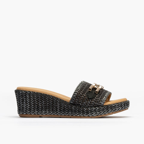 Zueco con adorno metal mujer en rafia NEGRO