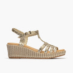 Sandalia trenzada mujer con hebilla en piel laminado ORO