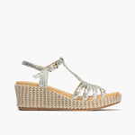 Sandalia trenzada mujer con hebilla en piel laminado PLATA