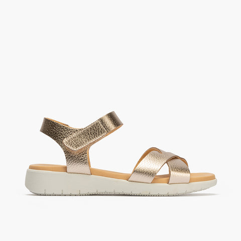 Sandalia pala cruzada mujer con velcro en piel laminado ORO