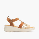 Sandalia 3 tubulares mujer con hebilla en piel combinada MARRON CLARO