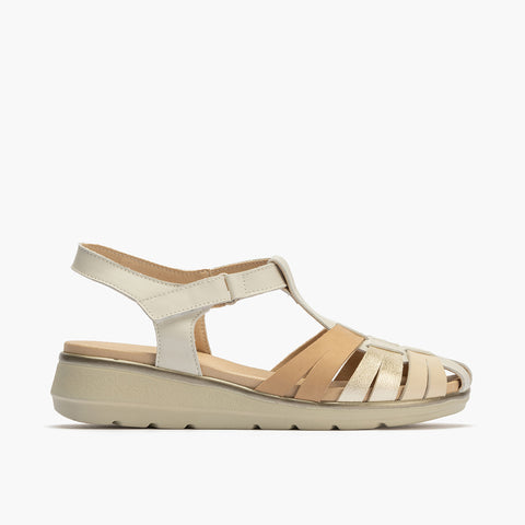 Sandalia cangrejera mujer con velcro en piel combinada BLANCO