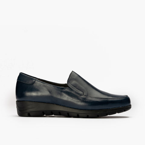 Shoe Moccasin Woman Low Wedge With Blue Texture