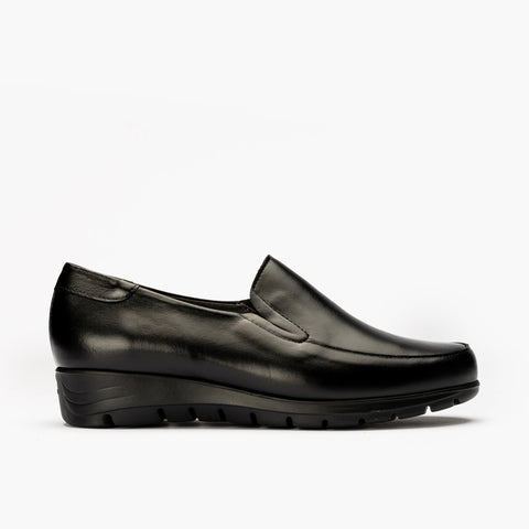 Shoe Moccasin Woman Low Wedge With Black Texture