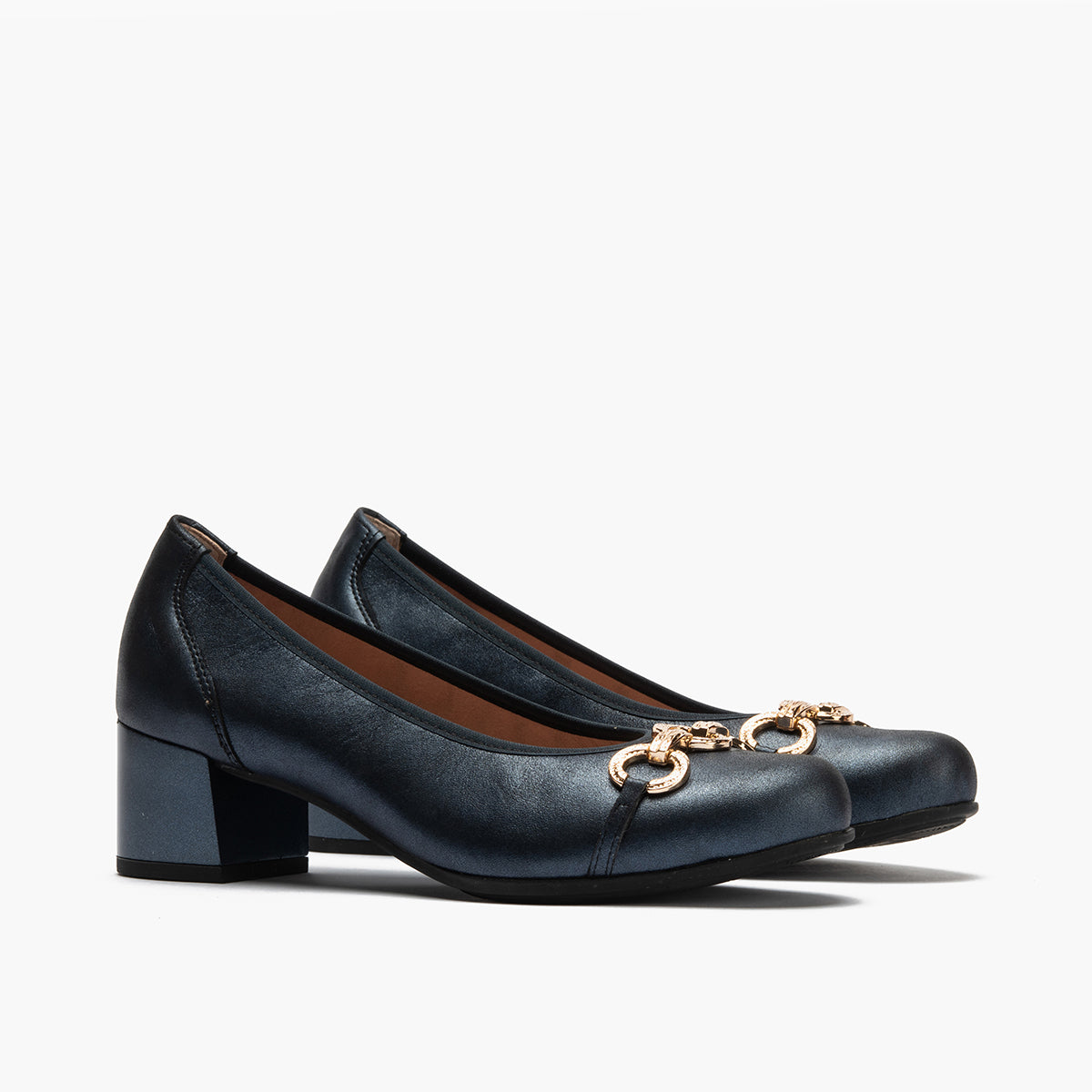 Zapato salón con tacón medio y adorno, en piel brillante Marino