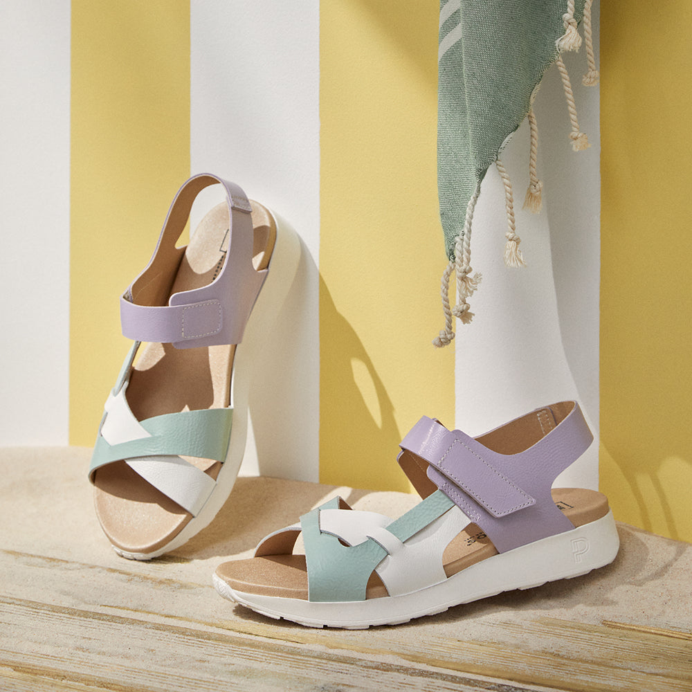 Sandalia tricolor mujer con velcro en piel charol TURQUESA