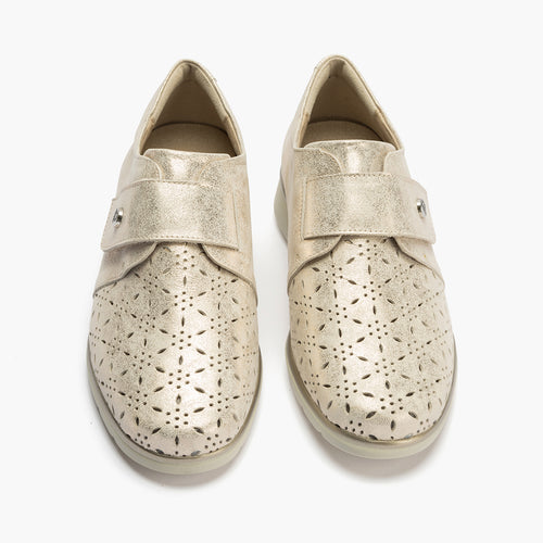 Blucher con picados mujer con velcro en piel fantasía ORO