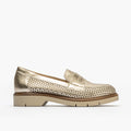 Mocasin con picados mujer en piel laminado ORO