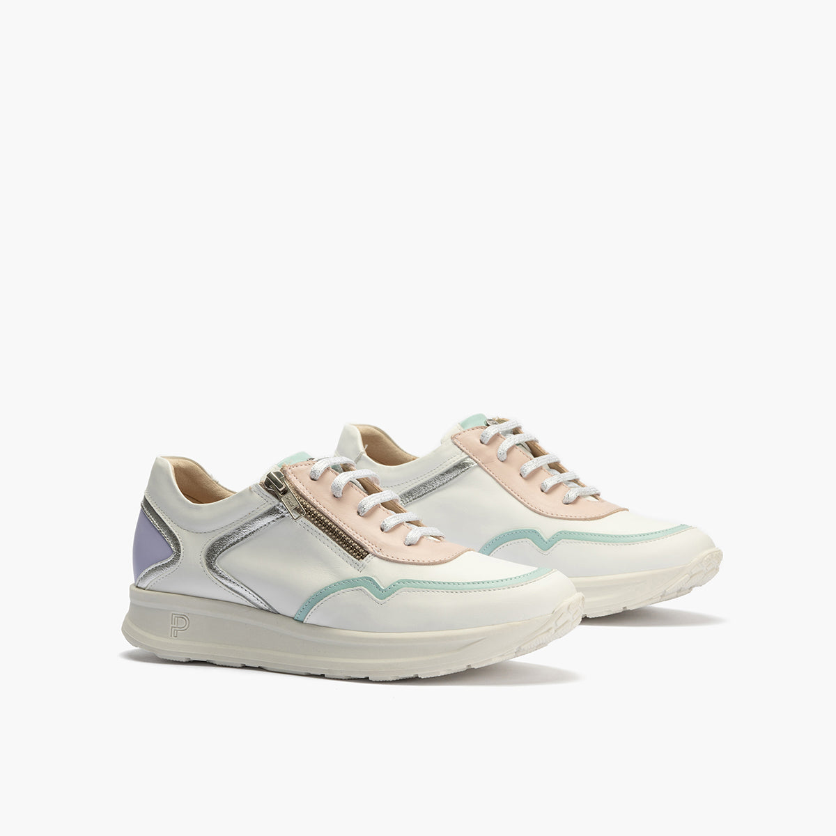 Deportivo multicolor mujer con cremallera y cordones en piel combinada BLANCO