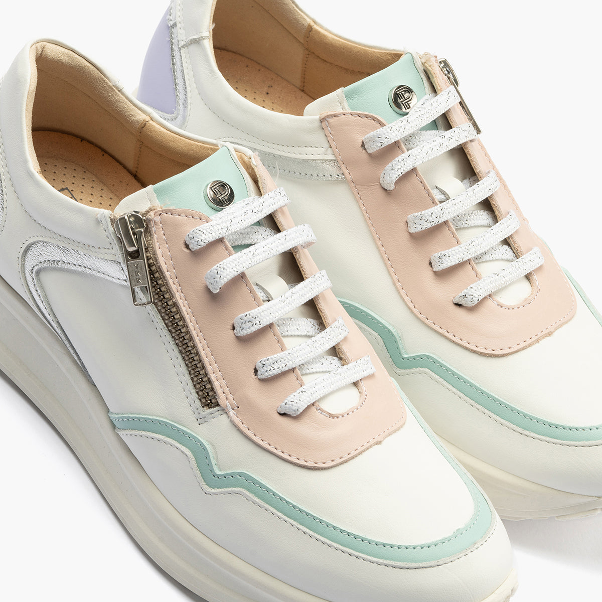 Deportivo multicolor mujer con cremallera y cordones en piel combinada BLANCO