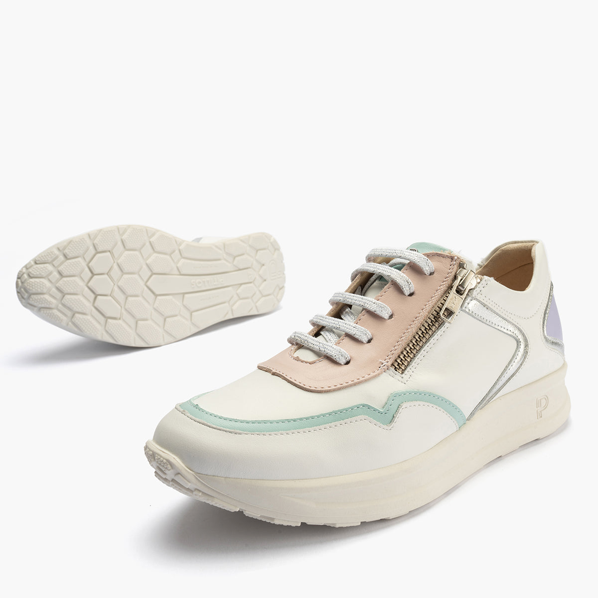 Deportivo multicolor mujer con cremallera y cordones en piel combinada BLANCO