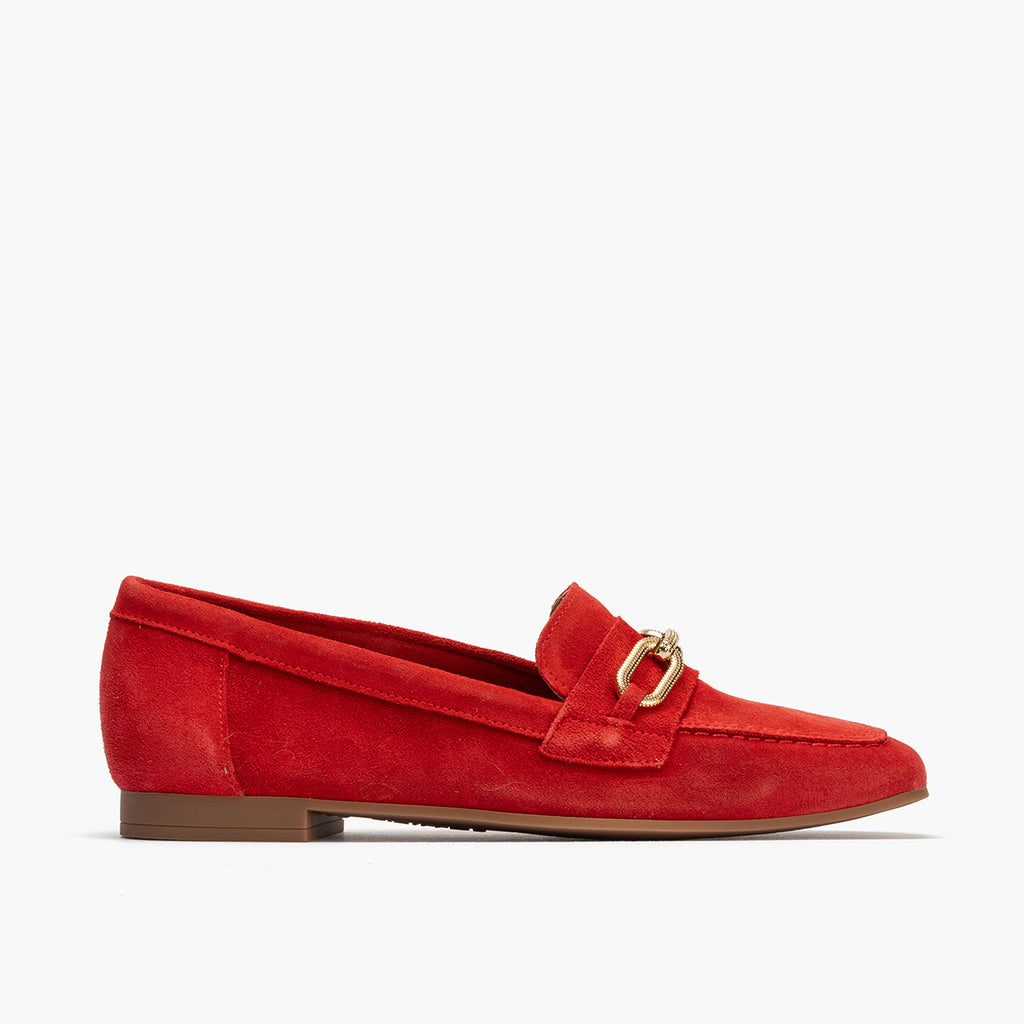Mocasin con adorno metal mujer en serraje ROJO