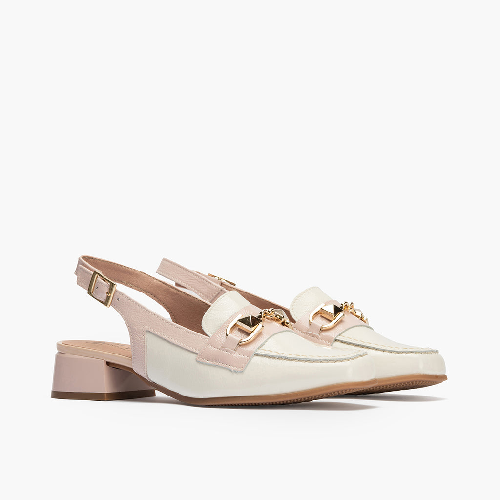 Mocasin punta cuadrada talon abierto mujer con hebilla en piel charol ROSA