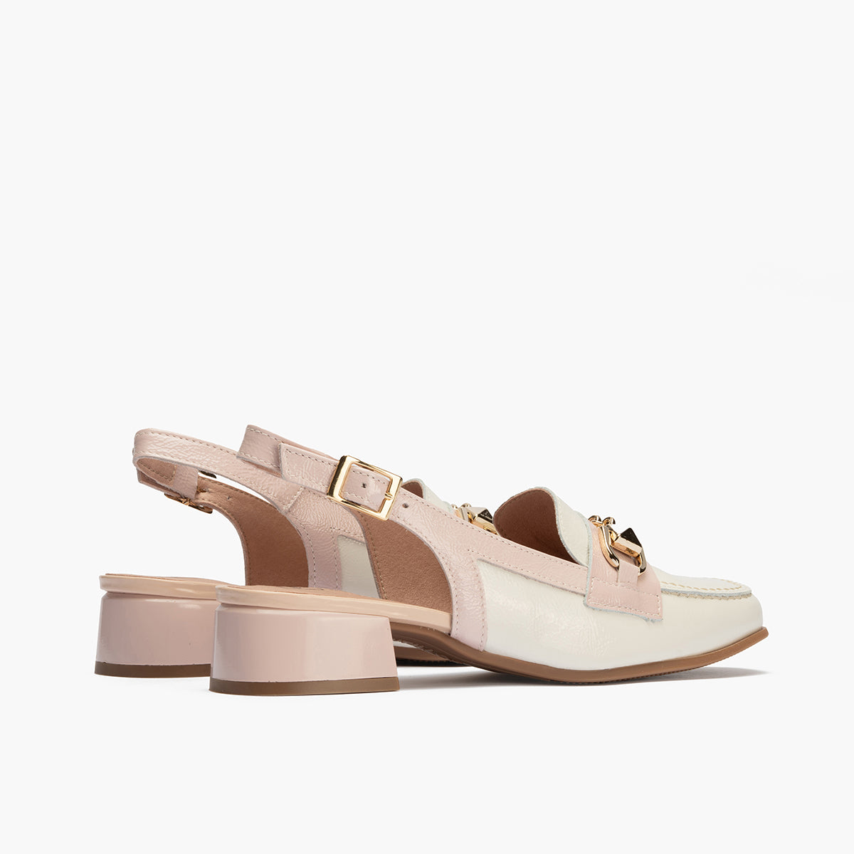Mocasin punta cuadrada talon abierto mujer con hebilla en piel charol ROSA