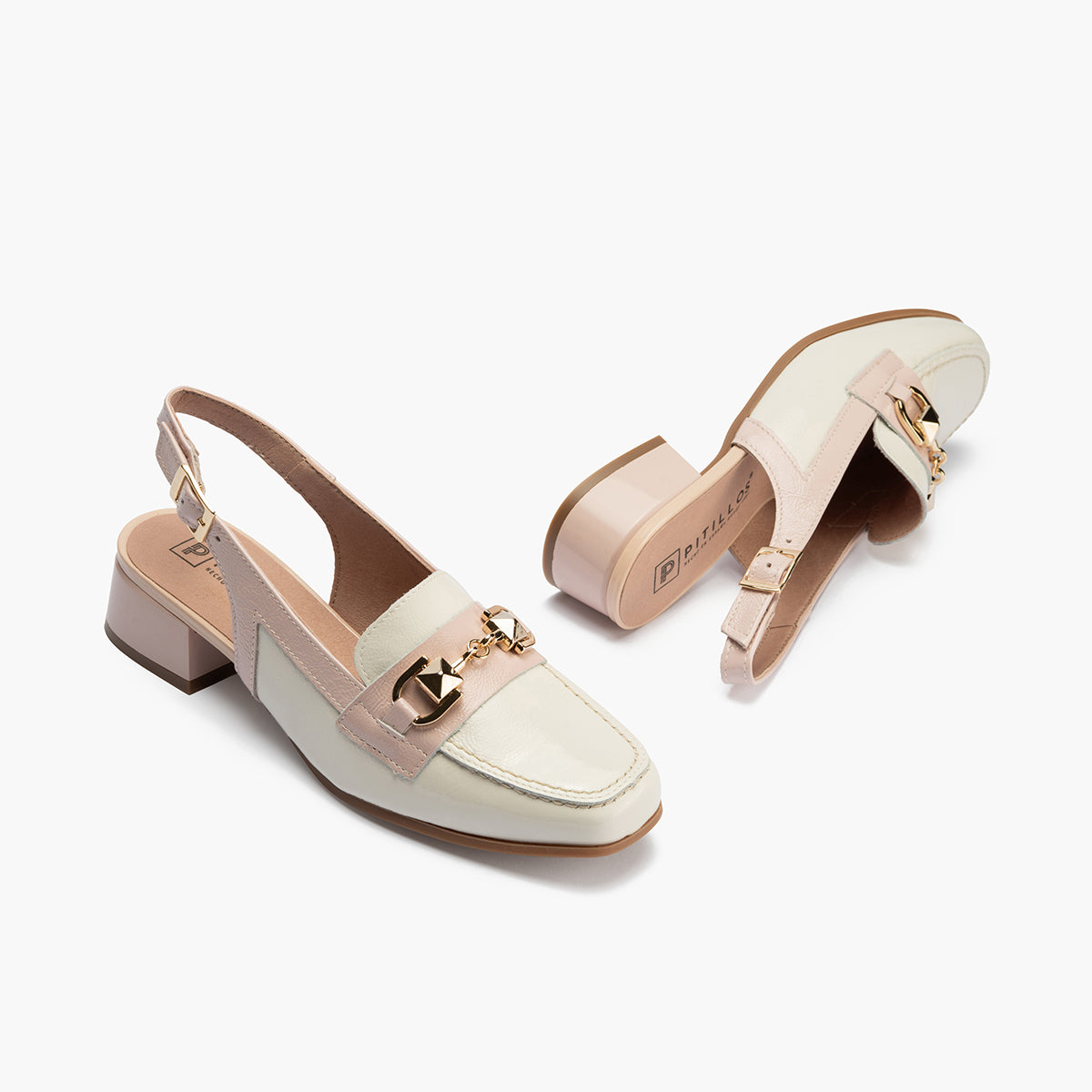 Mocasin punta cuadrada talon abierto mujer con hebilla en piel charol ROSA
