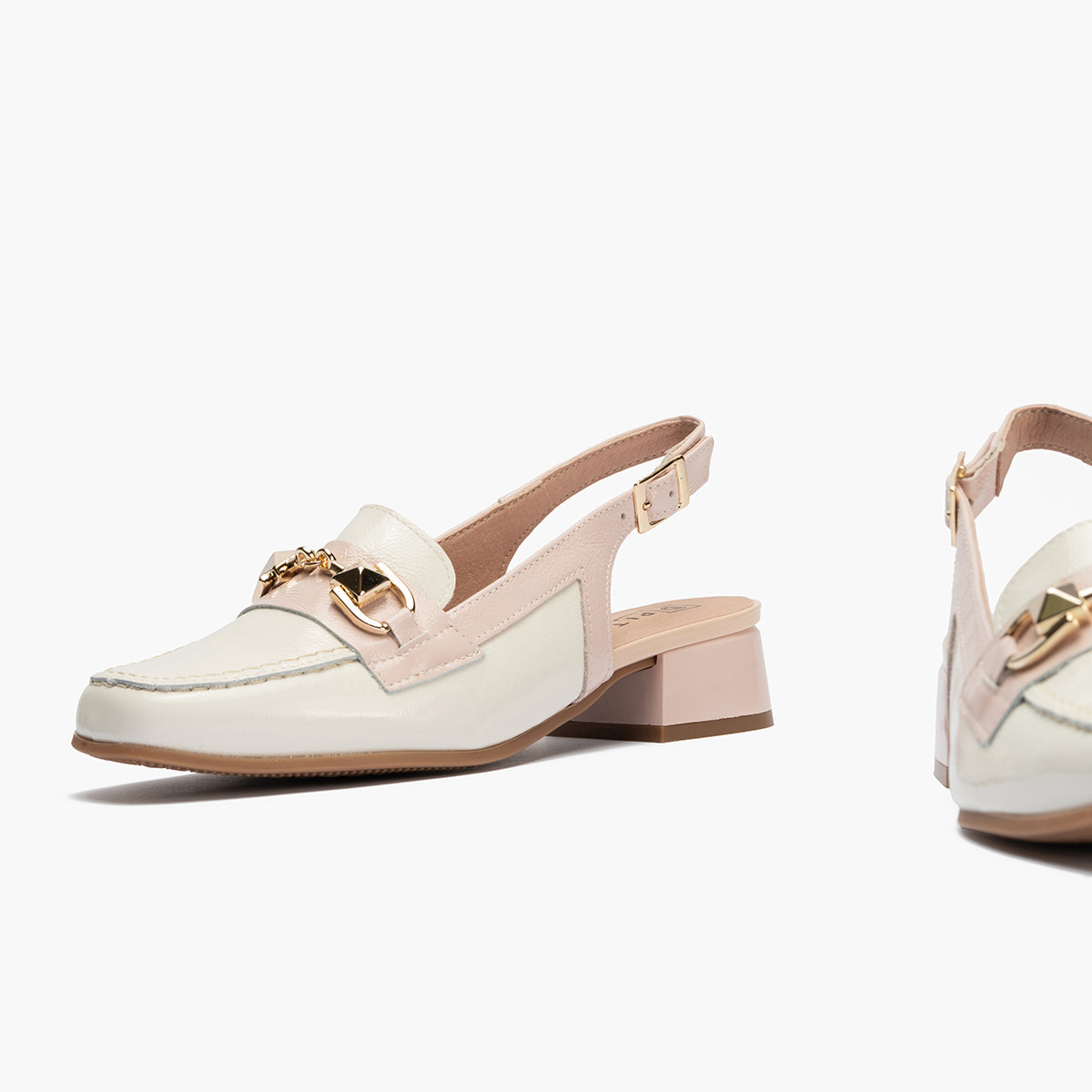 Mocasin punta cuadrada talon abierto mujer con hebilla en piel charol ROSA
