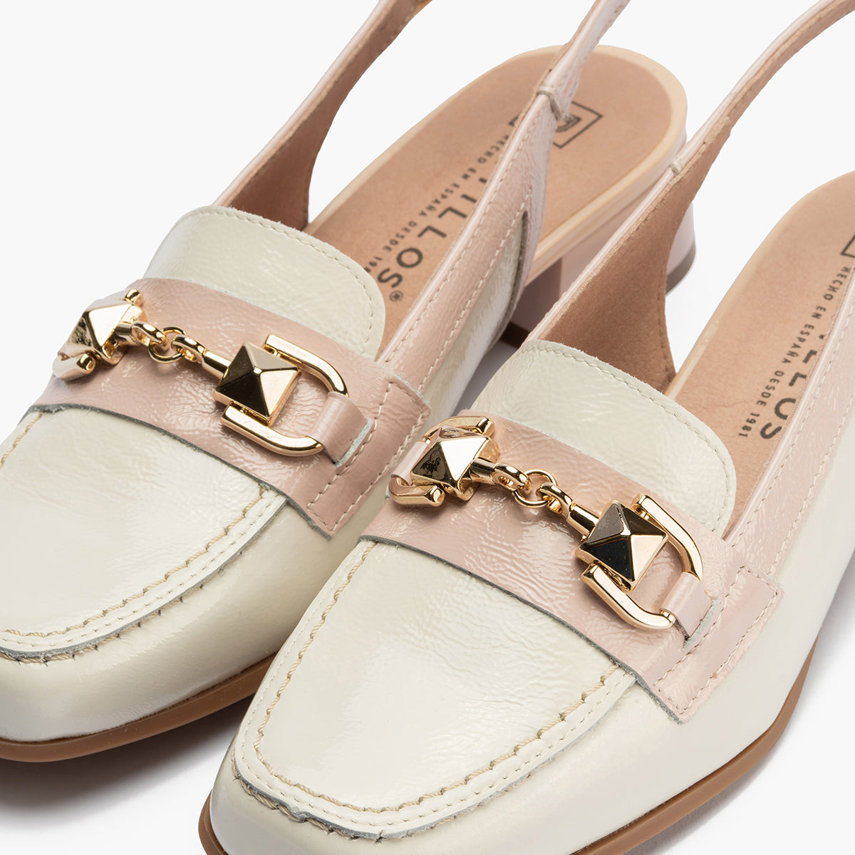 Mocasin punta cuadrada talon abierto mujer con hebilla en piel charol ROSA