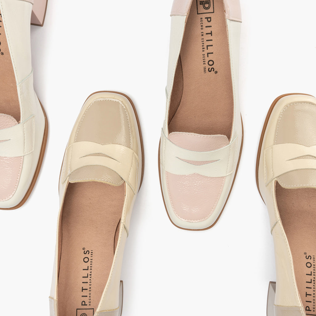 Mocasin con tacón mujer en piel charol CREMA/PIEDRA