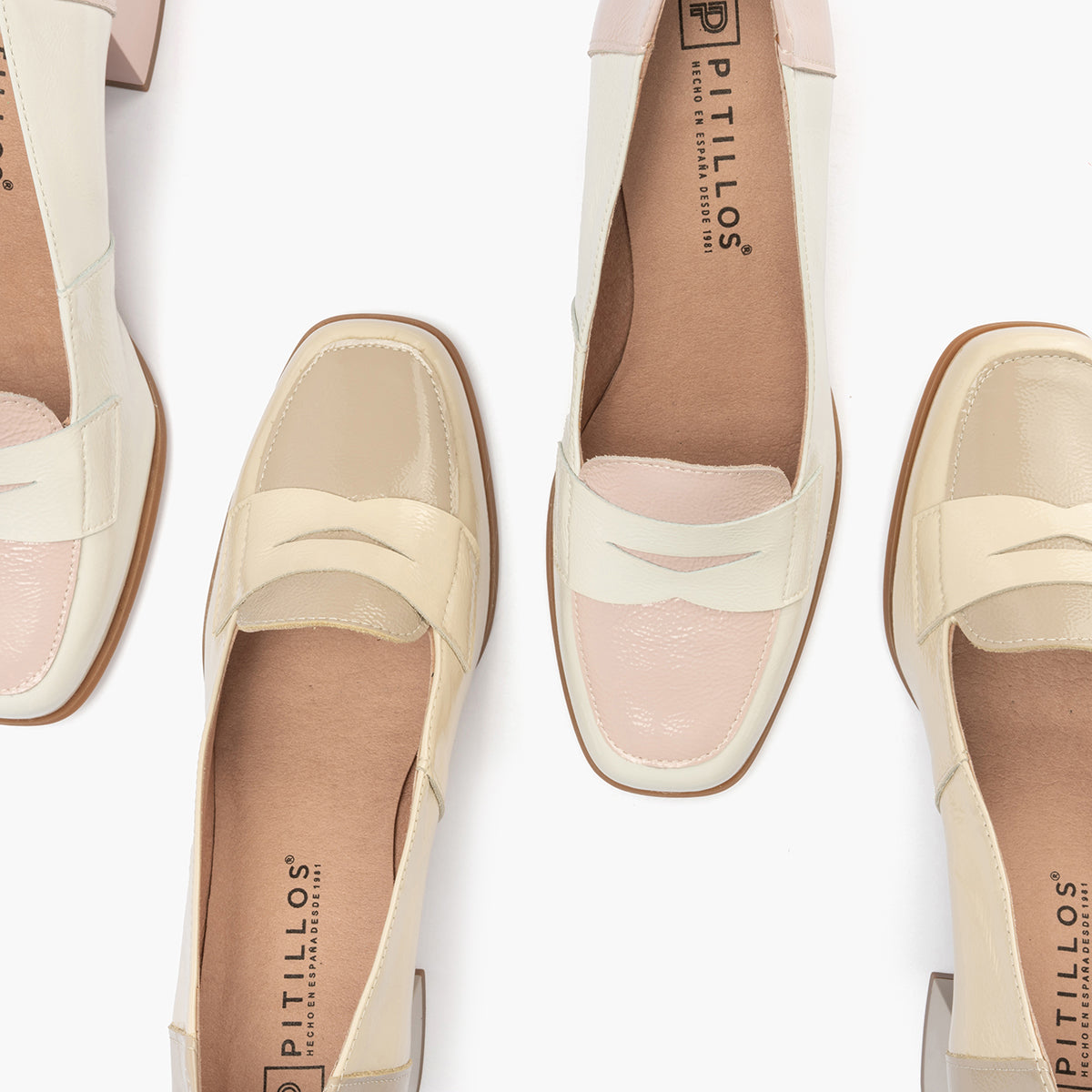 Mocasin con tacón mujer en piel charol CREMA/PIEDRA