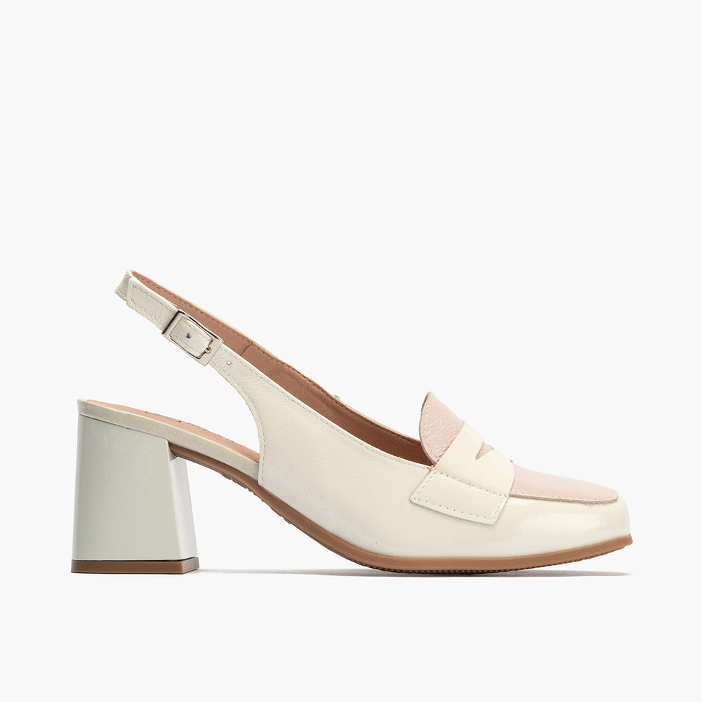 Mocasin talon abierto con tacón mujer con hebilla en piel charol ROSA