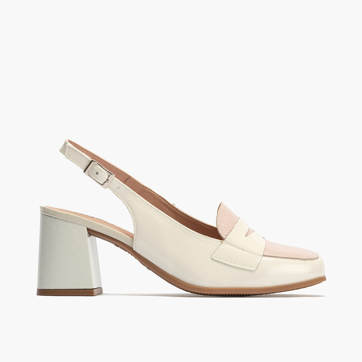 Mocasin talon abierto con tacón mujer con hebilla en piel charol ROSA