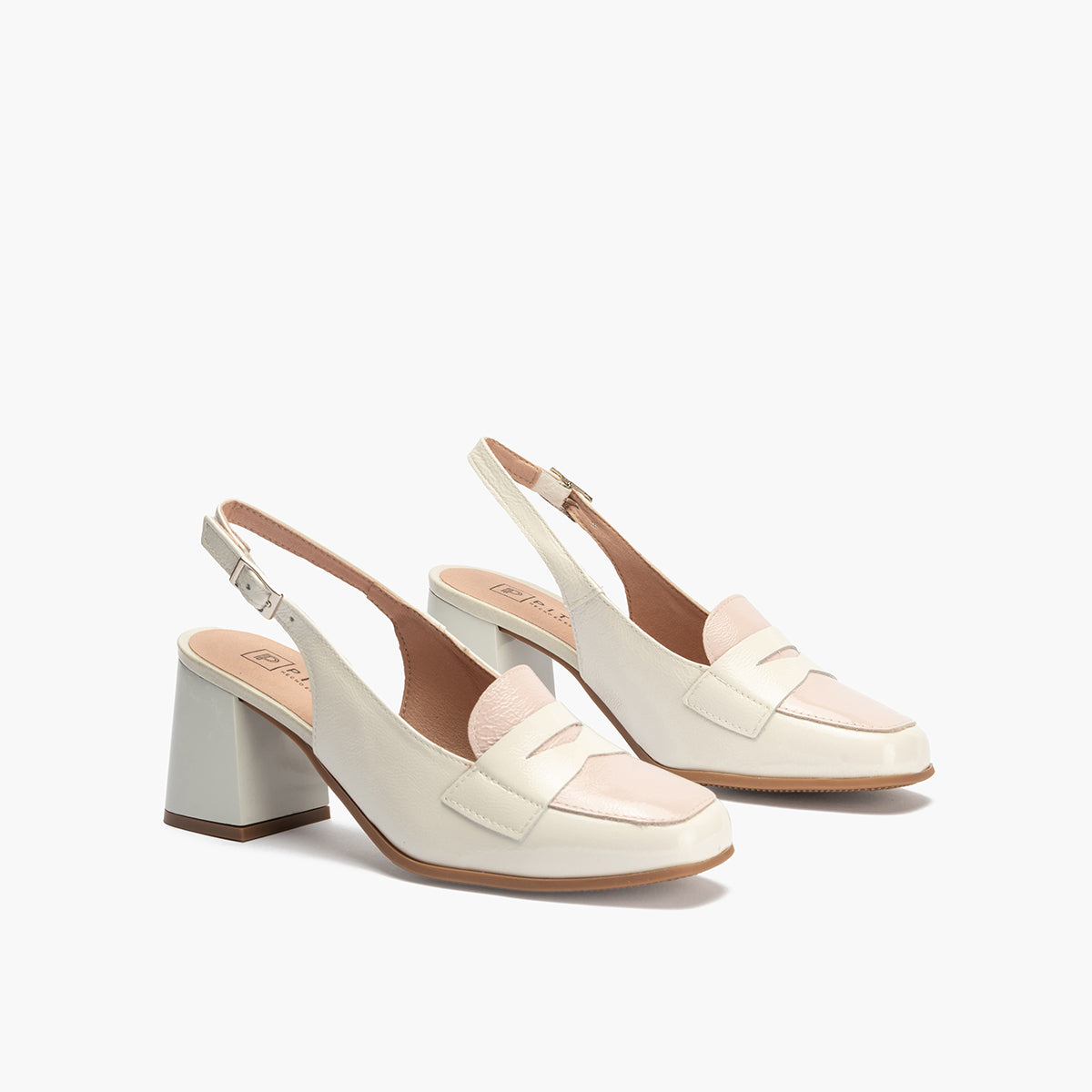 Mocasin talon abierto con tacón mujer con hebilla en piel charol ROSA