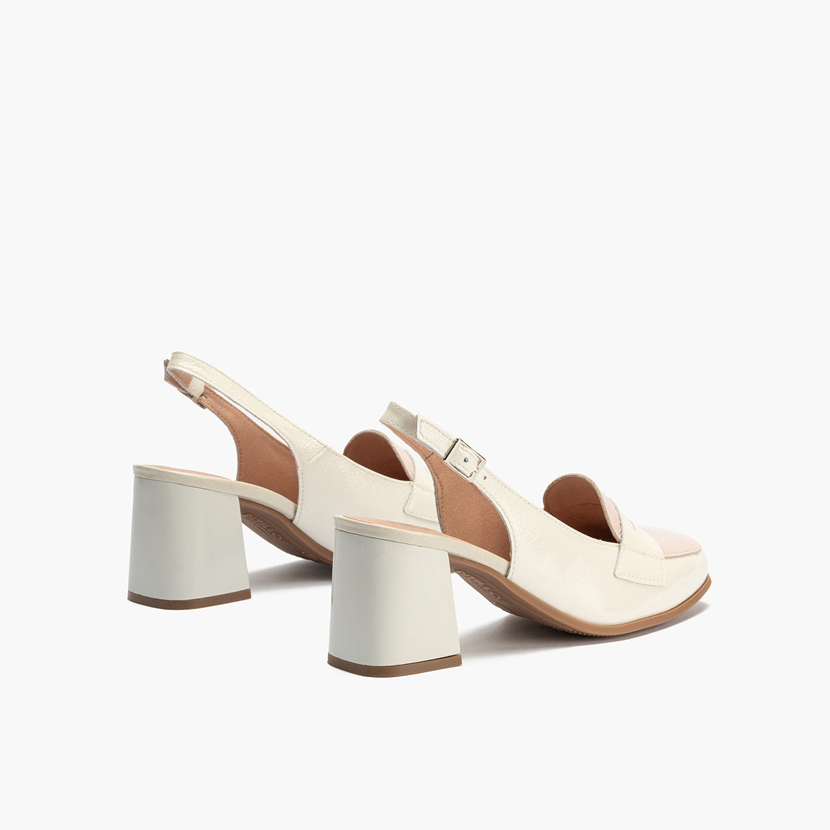 Mocasin talon abierto con tacón mujer con hebilla en piel charol ROSA