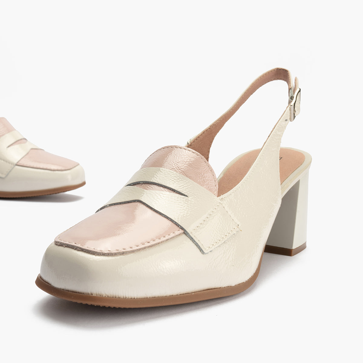 Mocasin talon abierto con tacón mujer con hebilla en piel charol ROSA