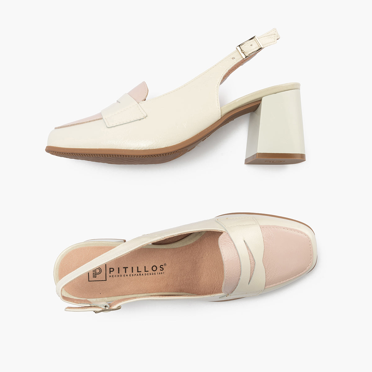 Mocasin talon abierto con tacón mujer con hebilla en piel charol ROSA