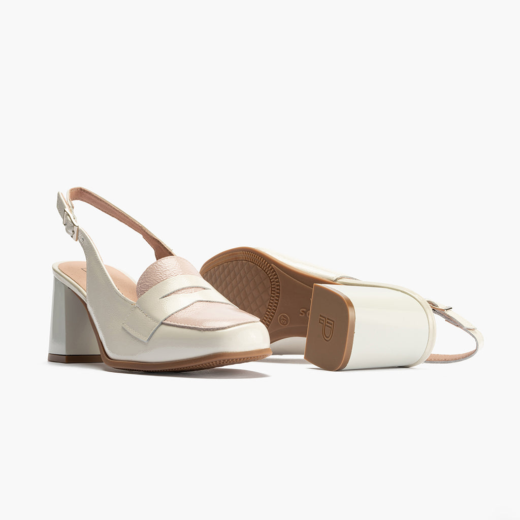 Mocasin talon abierto con tacón mujer con hebilla en piel charol ROSA