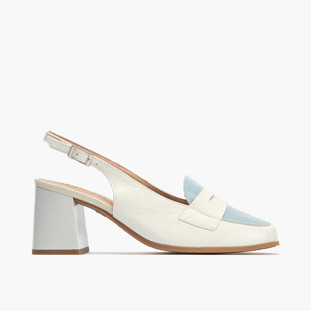 Mocasin talon abierto con tacón mujer con hebilla en piel charol AZUL