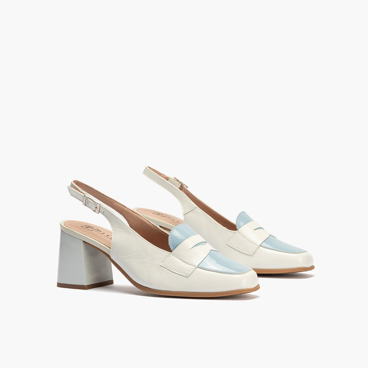 Mocasin talon abierto con tacón mujer con hebilla en piel charol AZUL