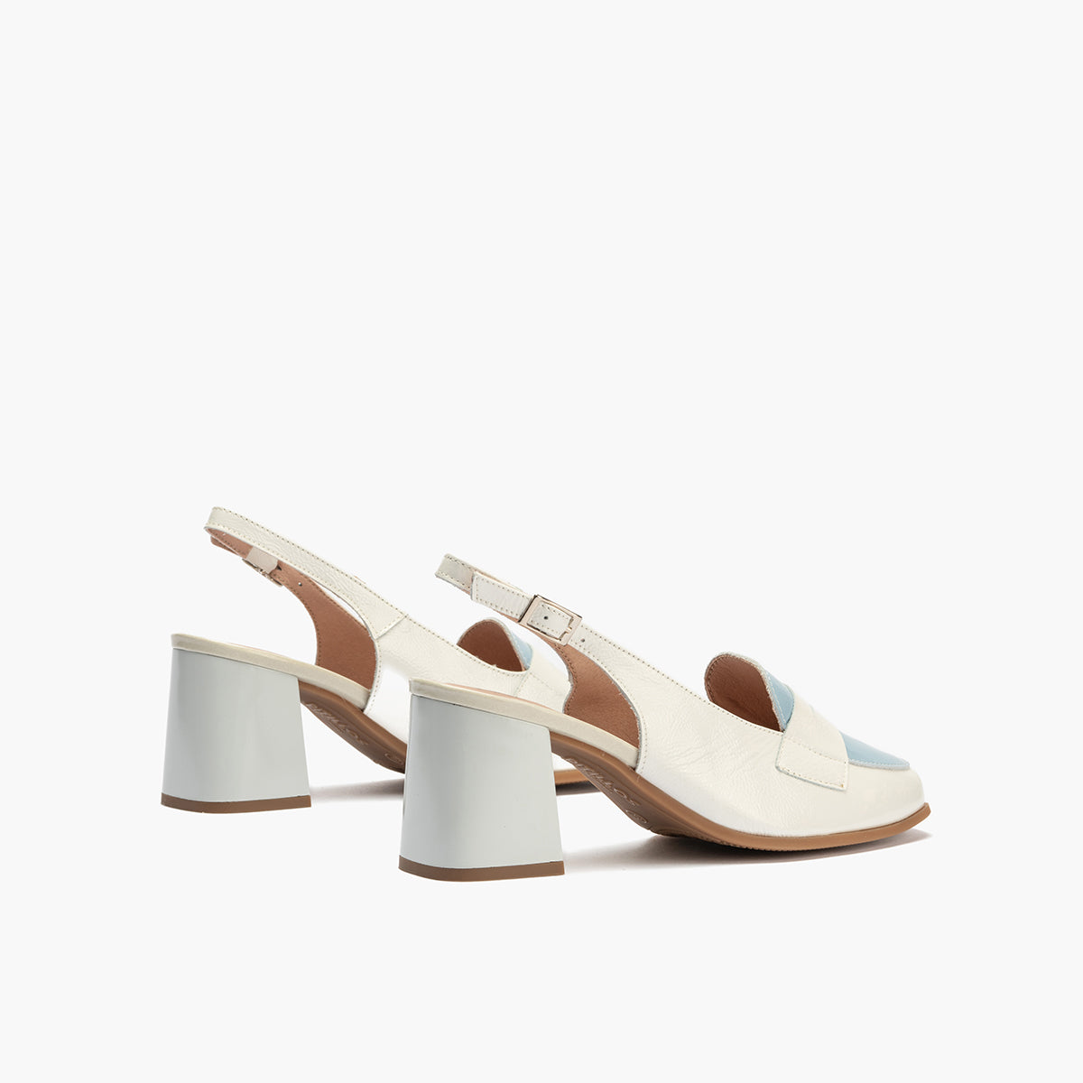 Mocasin talon abierto con tacón mujer con hebilla en piel charol AZUL