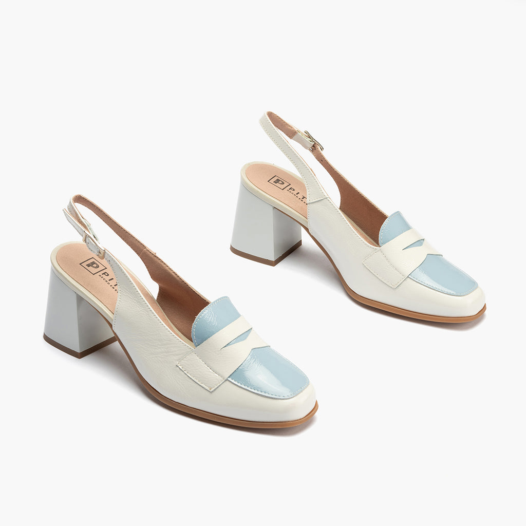 Mocasin talon abierto con tacón mujer con hebilla en piel charol AZUL