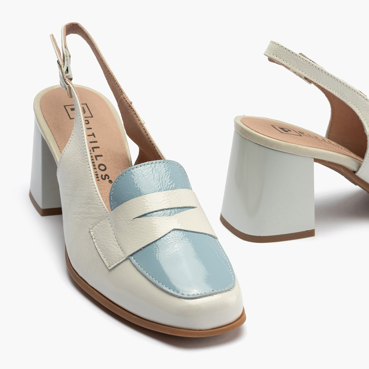 Mocasin talon abierto con tacón mujer con hebilla en piel charol AZUL